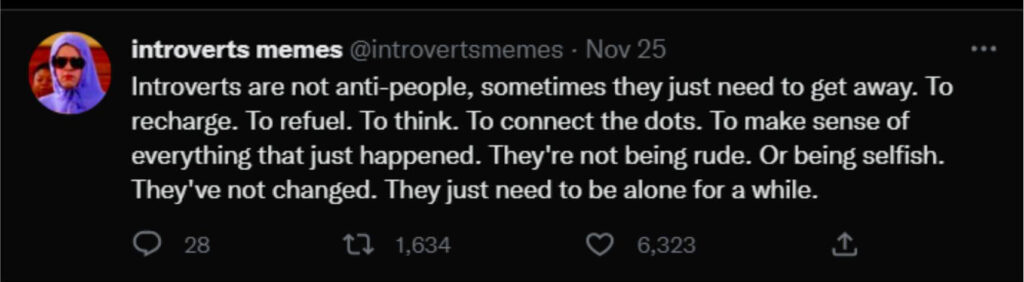 Tweet about why introverts want to be alone