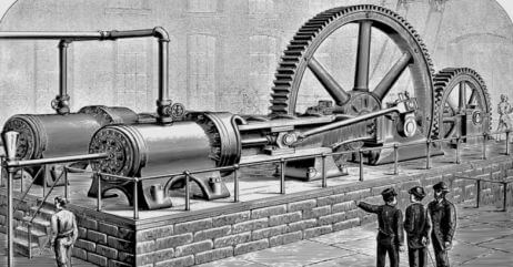 Men admiring a huge machine during the industrial revolution, the fourth era of societal development in human history