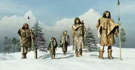 Hunter gatherers with their arrows and bows during the earliest stage of society development