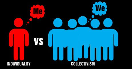 A depiction of individuality vs collectivism with a single figure and many figures