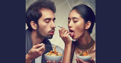 A man and a woman having sensory experience sniffing and tasting their meals