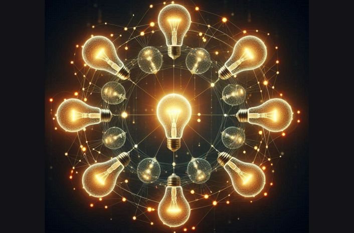 Glowing bulbs in cycle connected by strings depicting extraverted intuition
