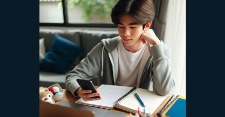 A young boy doing homework and attending to his phone at the same time