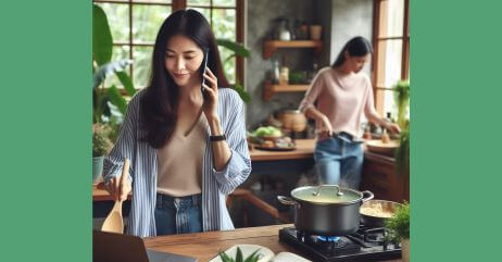 A woman answering a phone call and cooking in the kitchen to demonstrate multitasking