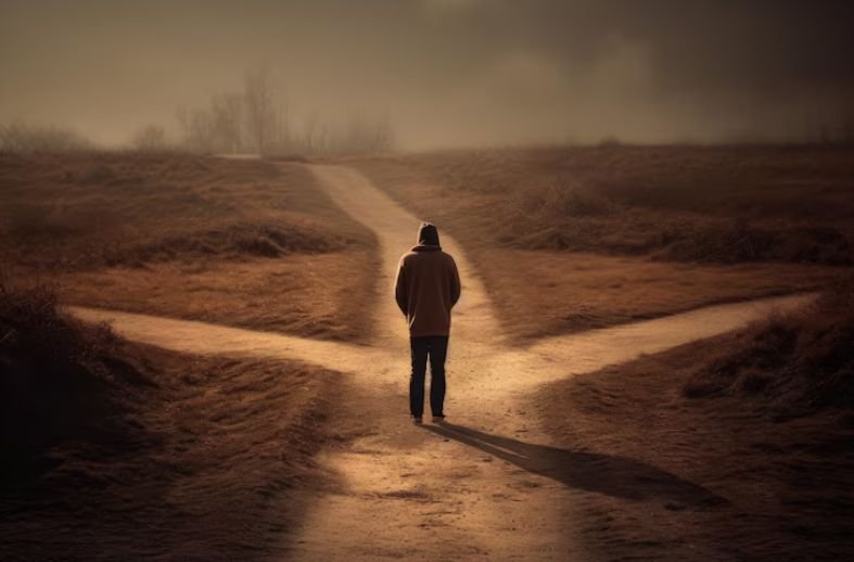 Human Instincts - a person at a crossroads—one path glowing with a gut feeling light, the other cluttered with distractions