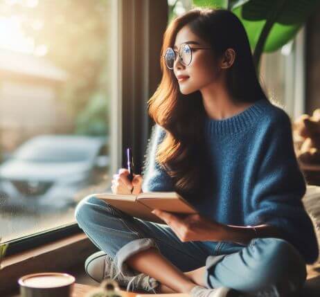 A young lady conducting mindful journaling