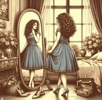 A lady checking herself in a mirror in depiction of body image