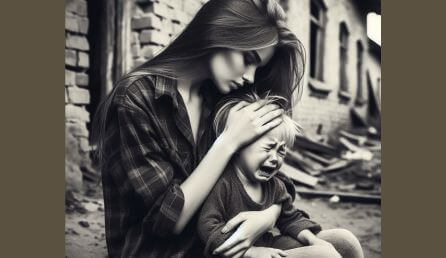 A woman showing empathy and compassion to a distressed child