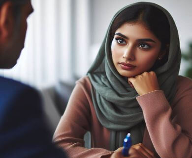 A lady listens with emotional intuition to her interviewer