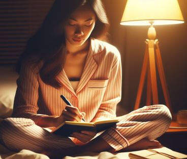 A lady journaling just before bedtime to enhance sleep