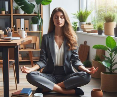 A lady taking a break at work to practise mindfulness