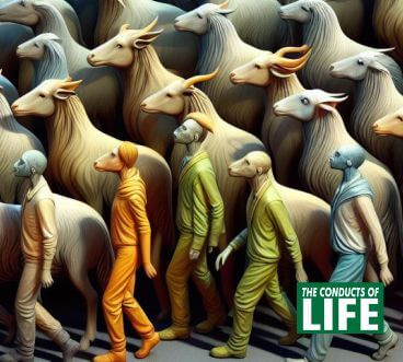 A depiction of herd mentality - people following the crowd