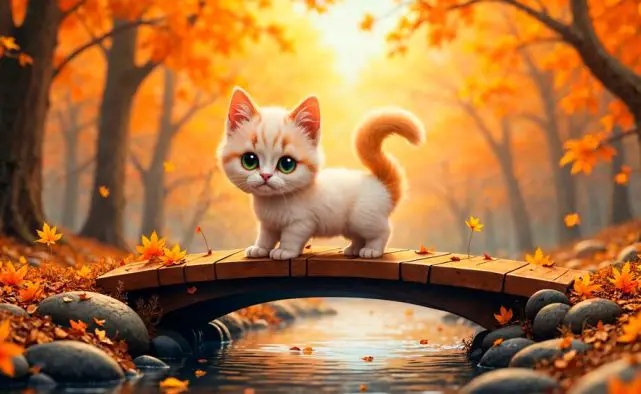 A wallpaper of woodland kitten in autumn