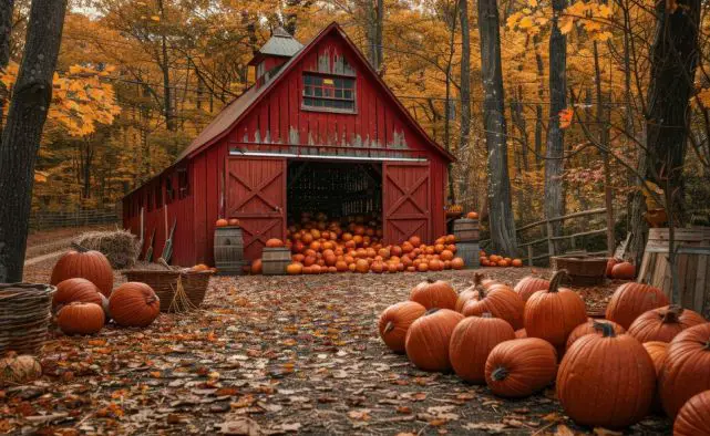 Rustic fall barn with harvested pumpkins