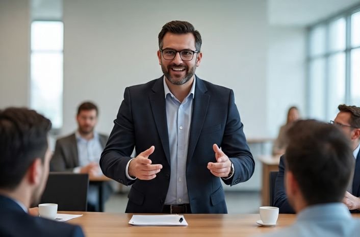 What is Self-Confidence - A man speaking up in a meeting to demonstrate the trait