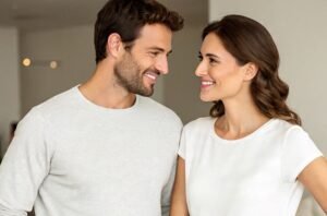 A man and woman showing body language attraction signs