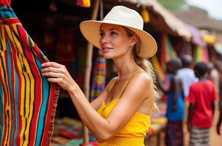 A woman admiring a tribe's clothing depicting cultural awareness