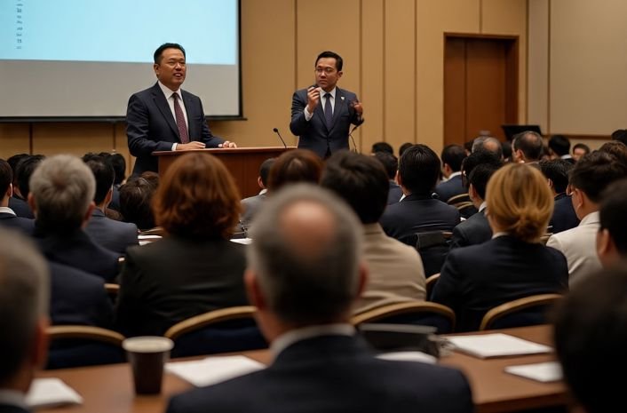 A man with unshakable confidence for public speaking addressing a group