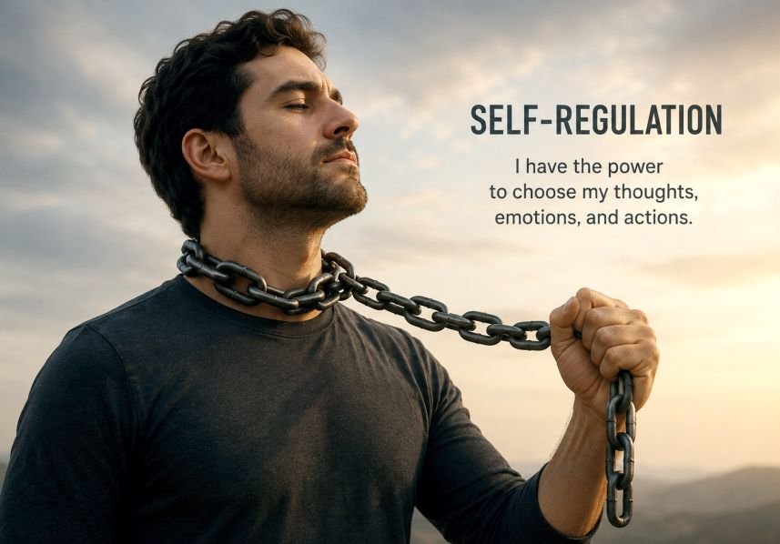 A man with a chain on his neck and holding the other end firmly indicating self-regulation